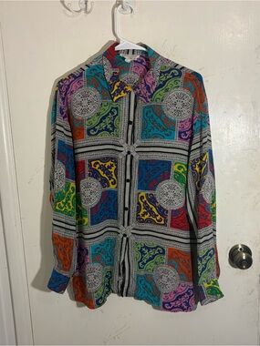 Vintage Daniel Field Colorful Patchwork Multi Print Long Sleeve Silk Blouse